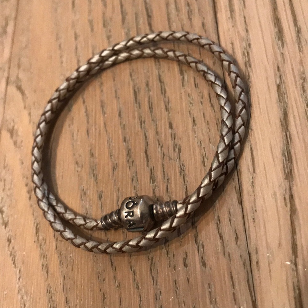 Pandora Double Silver/Champagne Leather Bracelet